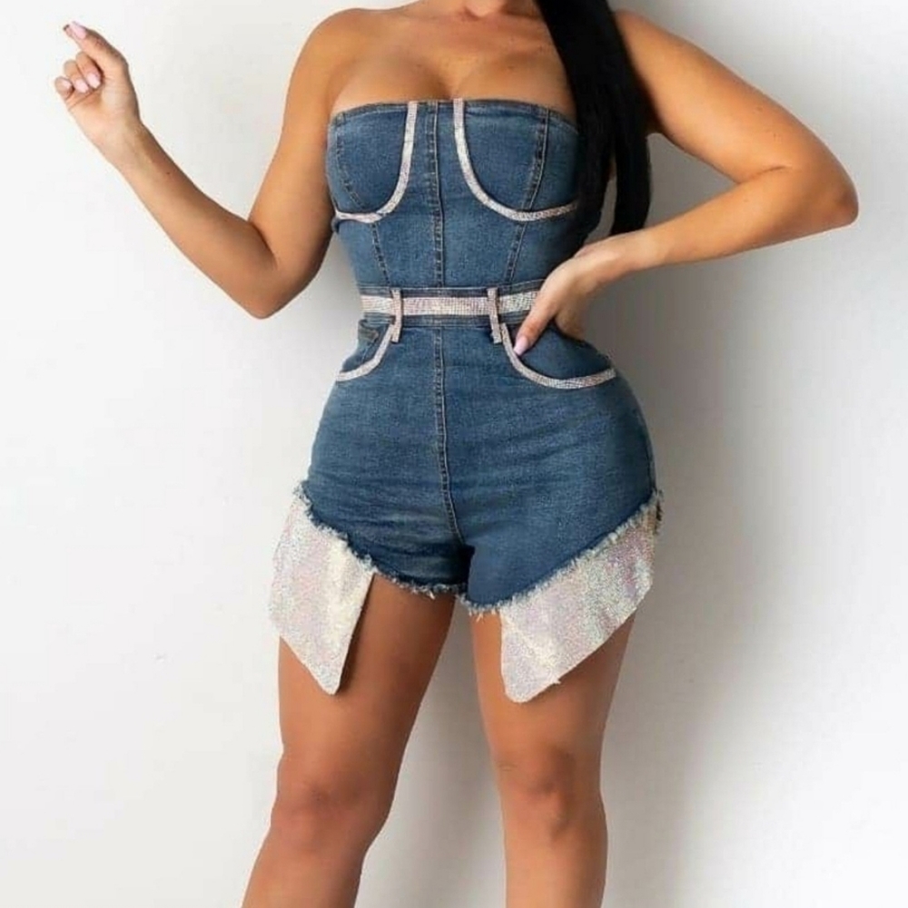 Rhinestone denim romper